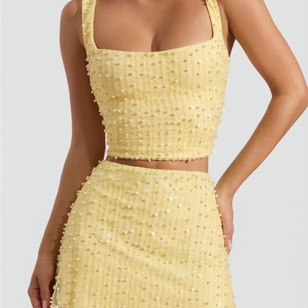 Oh Polly Yellow Beaded Square Neck Crop Top and Skirt SET